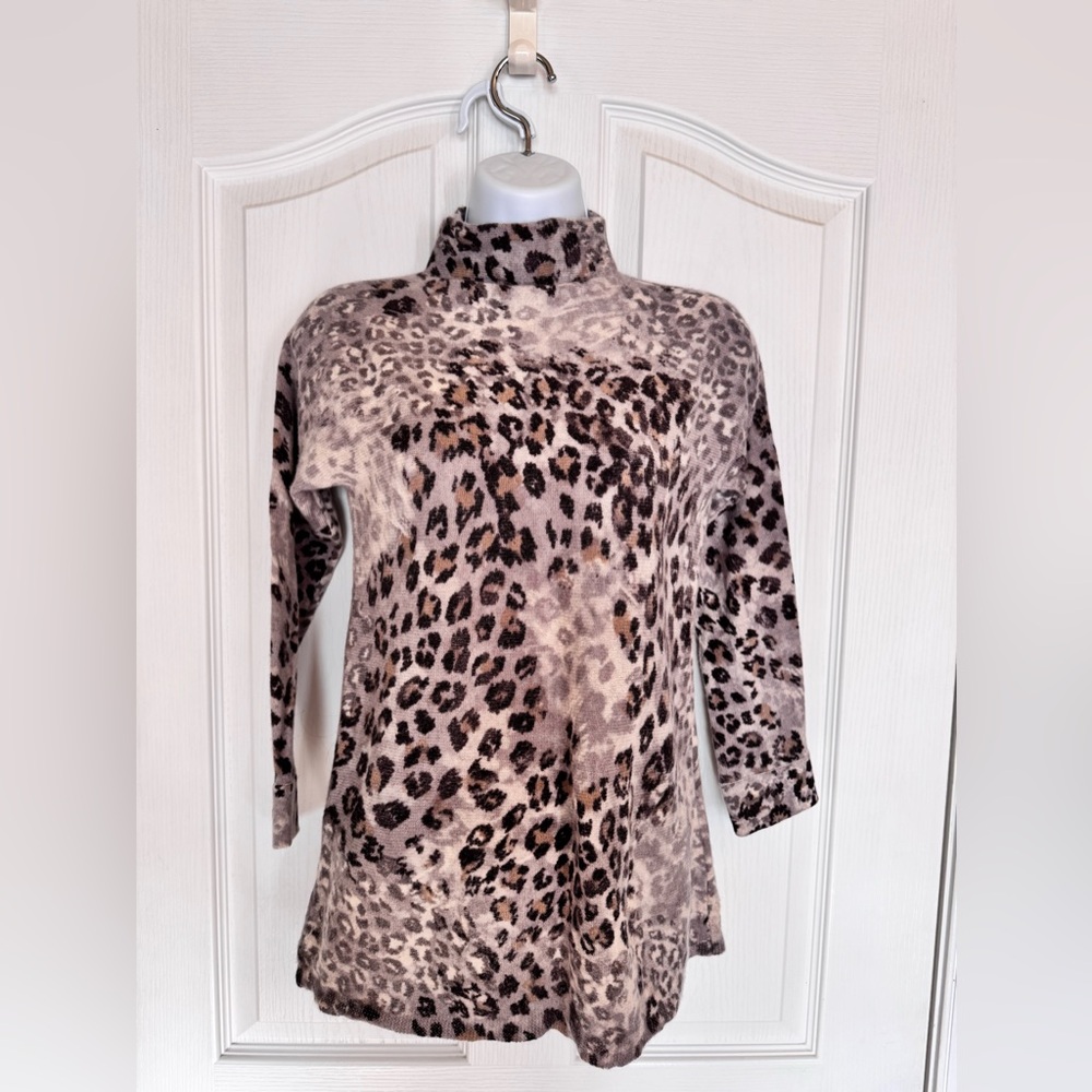 Kinross Cashmere Leopard Print Mock Neck Sweater Size XS